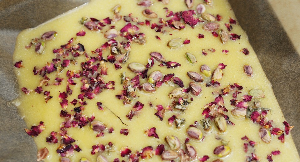 Pistachio Rose White Chocolate Bark with Sweet Laurel