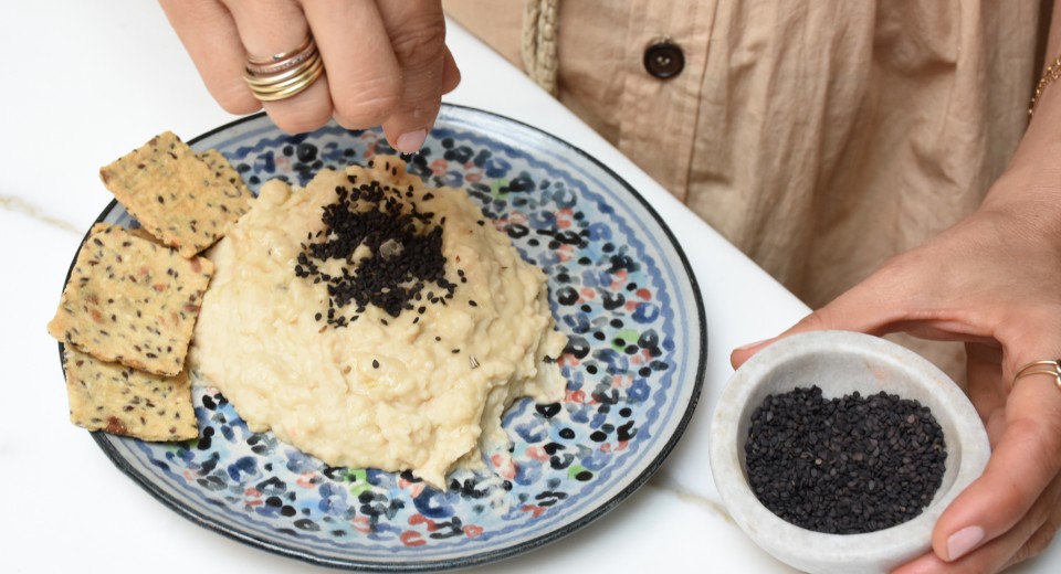 White Bean Hummus with Wonder Valley Olive Oil and Black Sesame