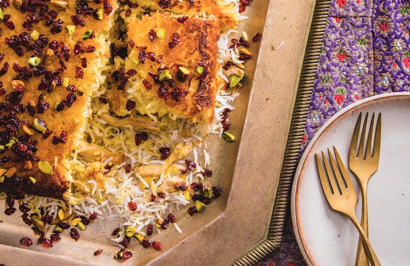 Tahcheen-e Morgh: Baked Saffron Yogurt Rice with Chicken